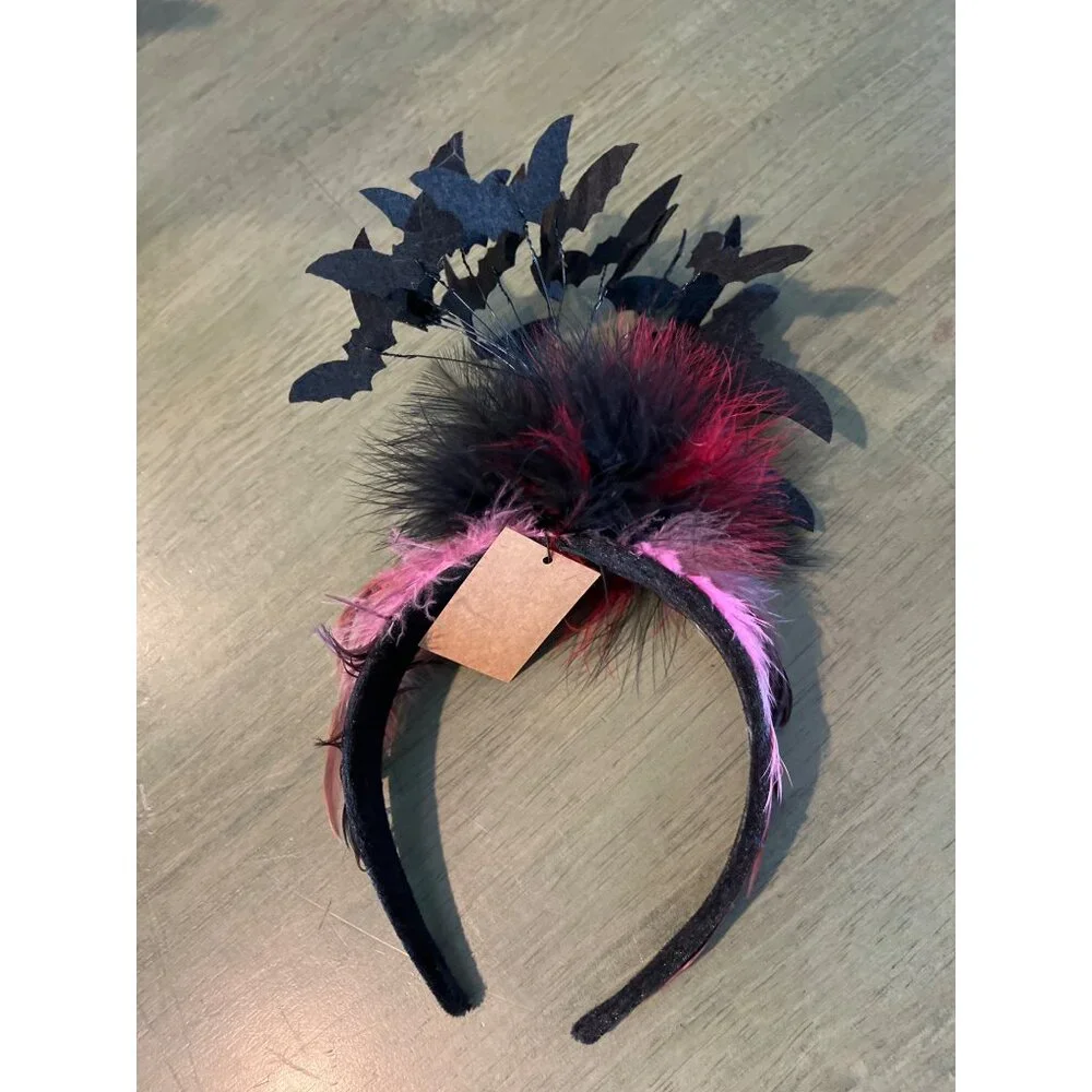 Black Bat Fascinator Headband With Red & Black Feathers Halloween Costume Access